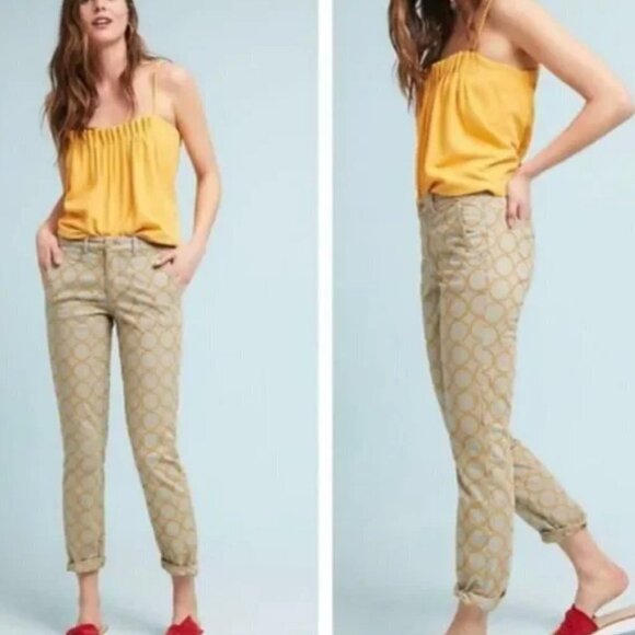 Chino By Anthropology women's 26 relaxed khakis with yellow embroidered dots - Picture 1 of 12
